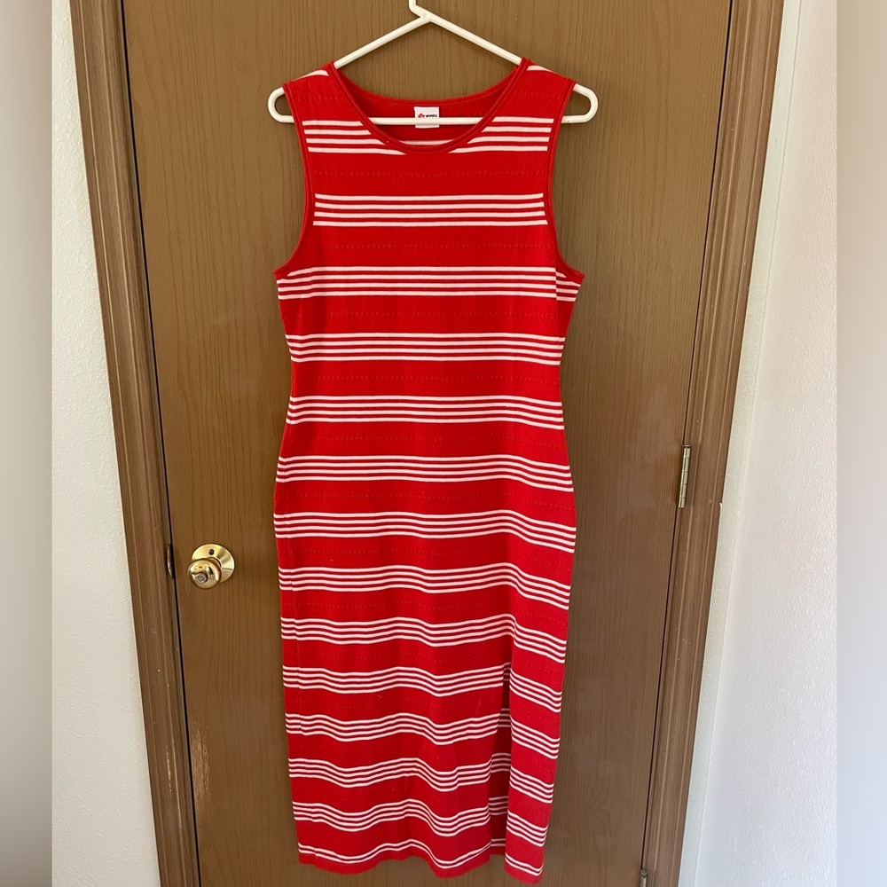 Amazon Size Large Red and White Striped Sleeveless Dress Slit stretchy comfort